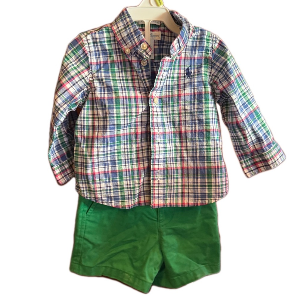 Polo Ralph Lauren 6 months summer green Plaid Shirt & Green Shorts Set and polo